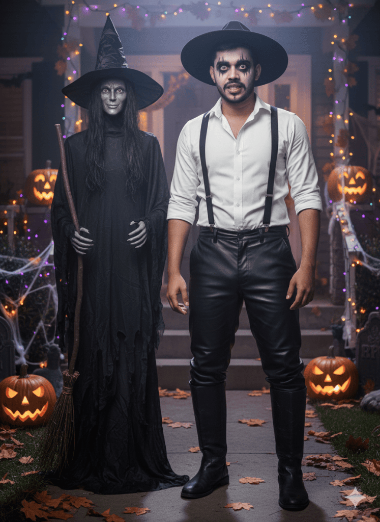 Individual stands beside a witch-costumed figure holding a broomstick in a room decorated with Halloween props.