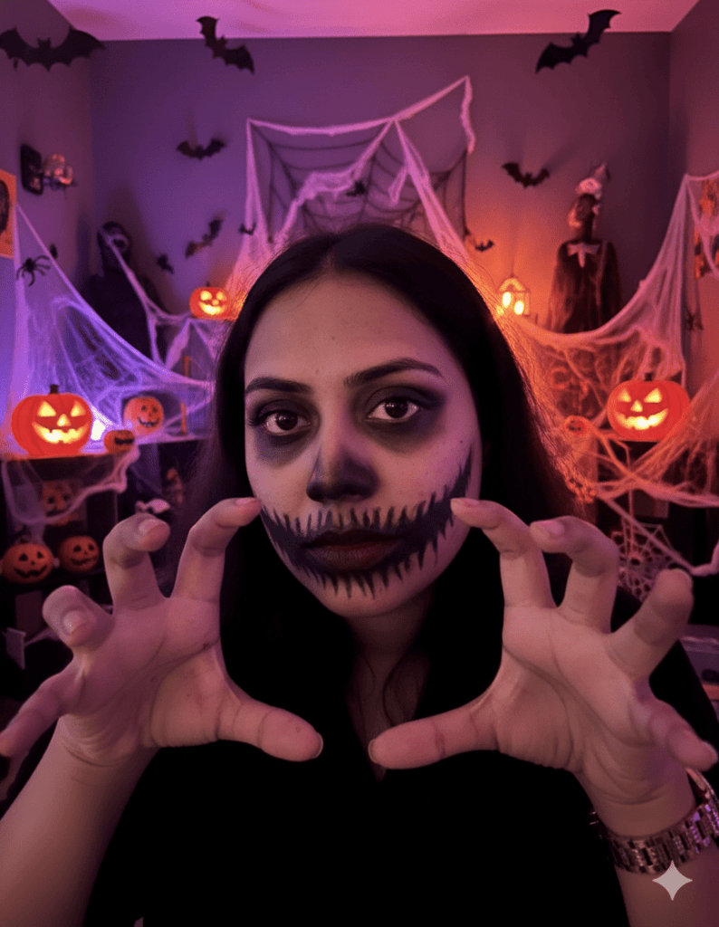 Close-up of a face with exaggerated smile makeup, white face paint, and dark eyes, capturing a sinister vibe.