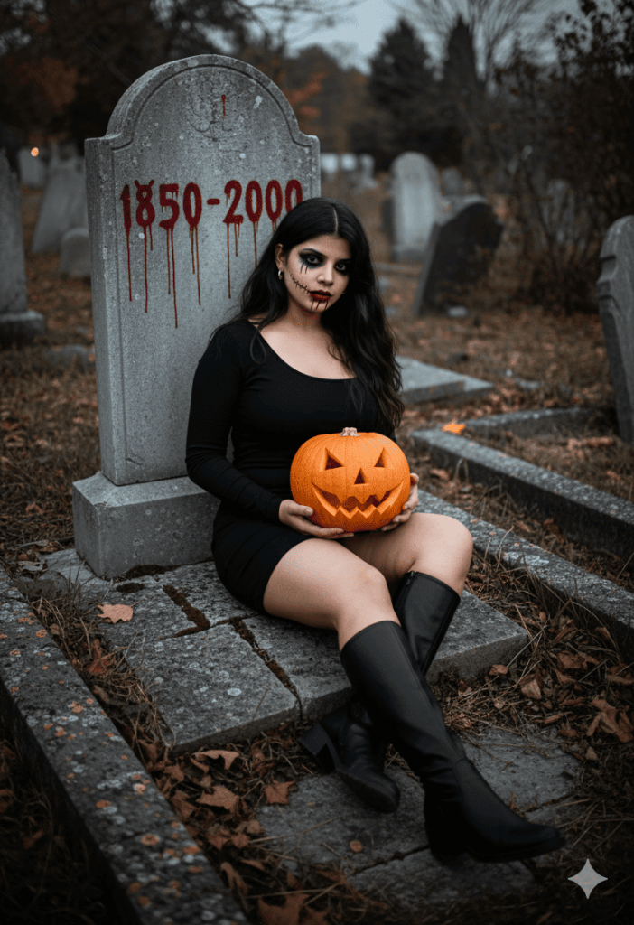 Individual dressed in Halloween costume sits on grass in a spooky graveyard setting with tombstones.