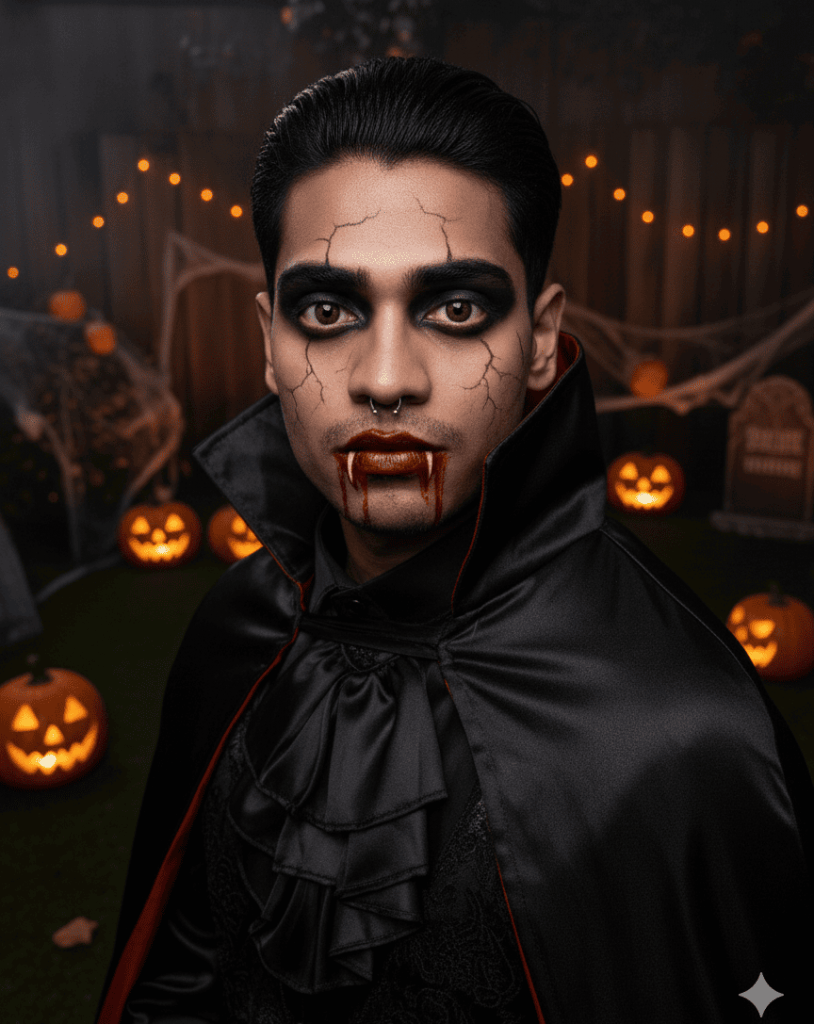 Individual wearing vampire makeup, darkened eyes, and fake blood, posing for a close-up portrait.