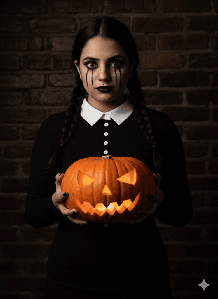 Person dressed as Wednesday Addams with braided hair and black attire, sitting calmly in a themed setting.