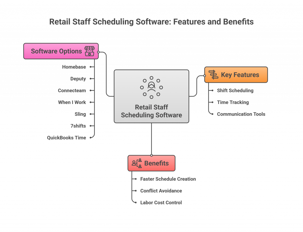 A mind map diagram titled Retail Staff Scheduling Software: Features and Benefits shows three main branches. The left branch labeled Software Options lists Homebase, Deputy, Connecteam, When I Work, Sling, 7shifts, and QuickBooks Time. The right branch labeled Key Features includes shift scheduling, time tracking, and communication tools. The bottom branch labeled Benefits highlights faster schedule creation, conflict avoidance, and labor cost control. The branches are color-coded: pink for software options, orange for key features, and red for benefits.