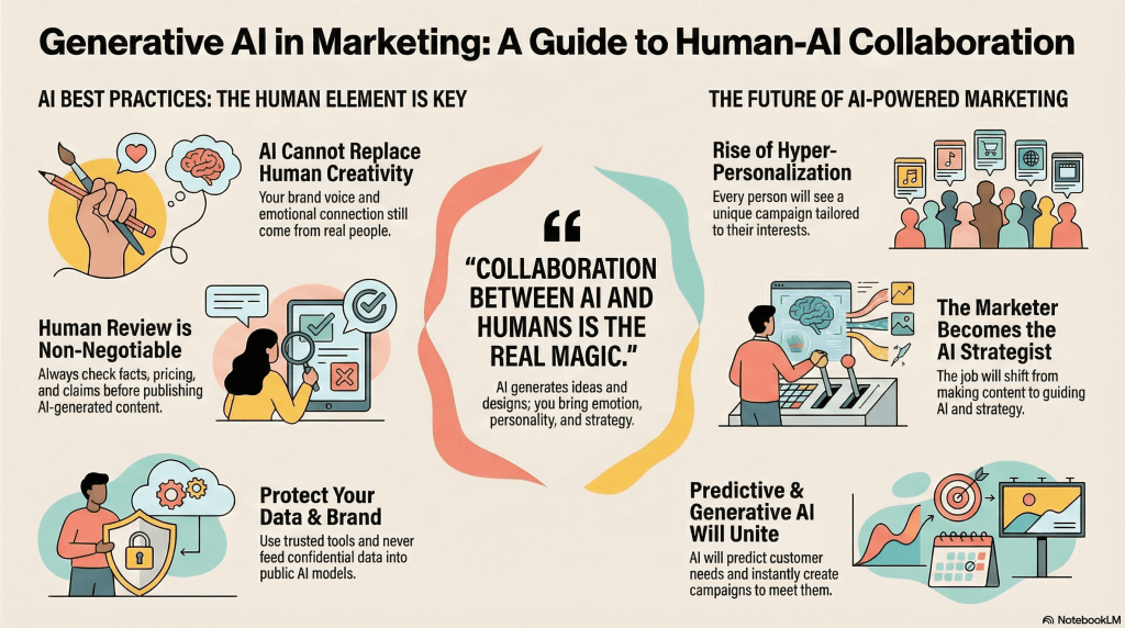 Infographic showing generative AI in marketing, highlighting human-AI collaboration, content creation, personalization, data protection, and the future role of marketers as AI strategists.