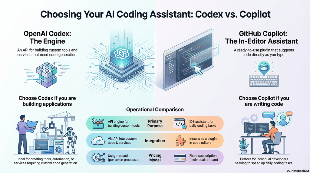 Infographic comparing OpenAI Codex vs GitHub Copilot, highlighting API-based code generation for building applications versus in-editor AI coding assistance, integrations, use cases, and pricing models.