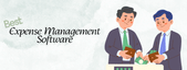 Best expense management software illustration showing two business professionals tracking and managing company expenses with wallets and cash, representing expense tracking and cost control solutions.