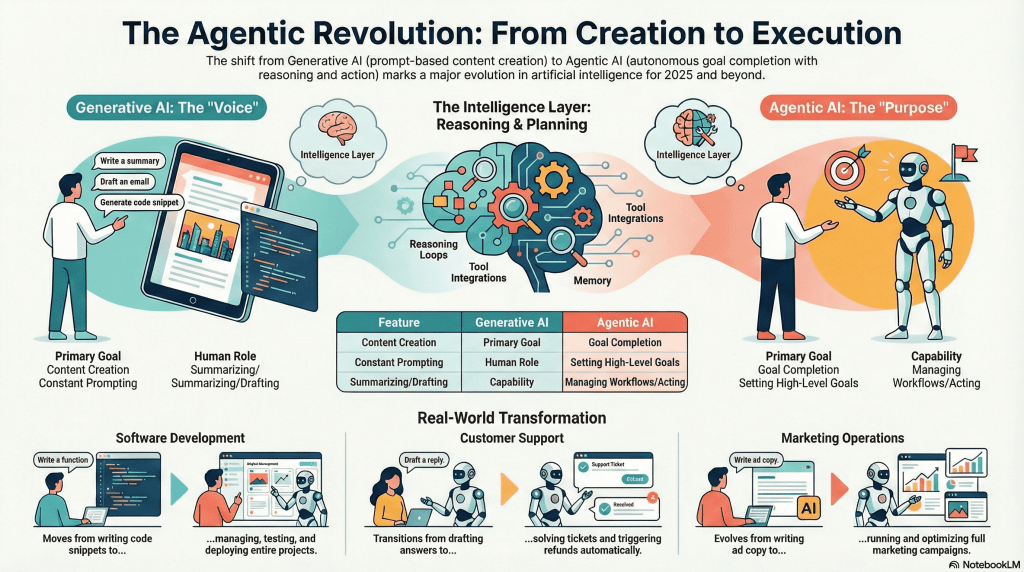 Infographic comparing Generative AI vs Agentic AI, showing the shift from prompt-based content creation to autonomous goal execution with reasoning, planning, memory, and workflow automation across software development, customer support, and marketing operations.