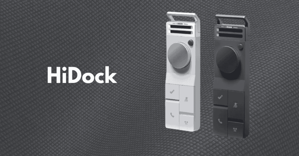 HiDock AI voice recorder with smart buttons for call recording, meeting notes, and transcription