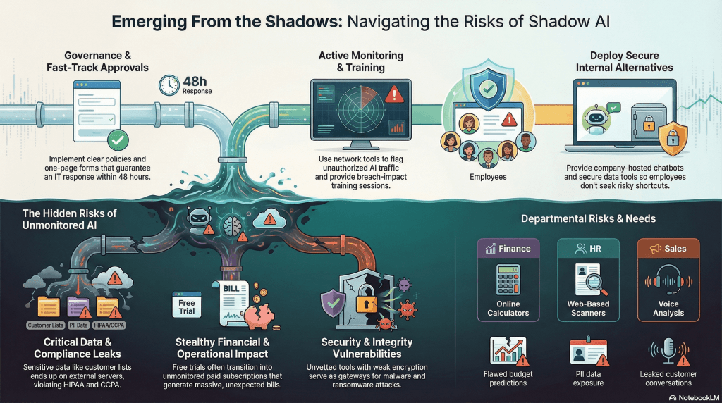 Shadow AI risk management infographic showing governance approvals, AI monitoring, secure internal tools, and hidden risks like data leaks, financial impact, and security vulnerabilities across finance, HR, and sales departments.