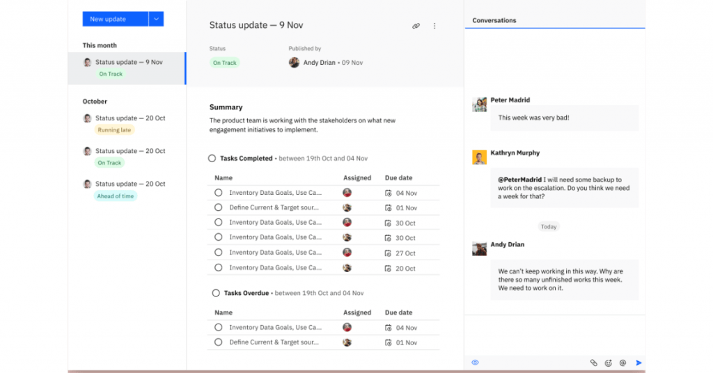 RocketLane project status update panel with task summary, completed items, overdue tasks, and team conversations.

