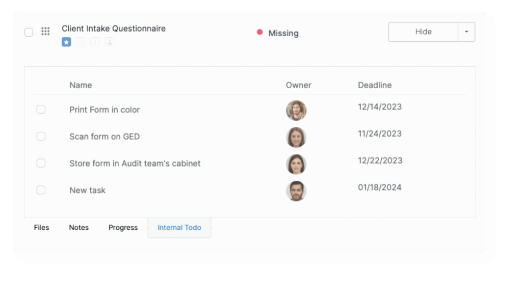 Clustdoc client intake questionnaire dashboard with task list, owners, and onboarding deadlines.