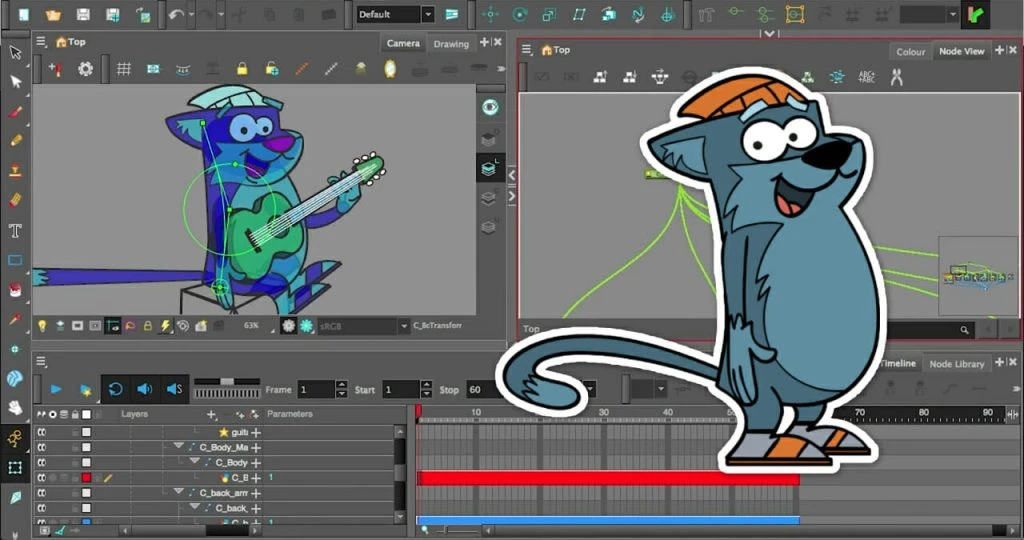 Toon Boom Harmony 2D animation software interface displaying character rig controls, layers, and timeline editor.