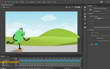 Adobe Animate 2D animation software interface with timeline, layers, and character animation workspace.