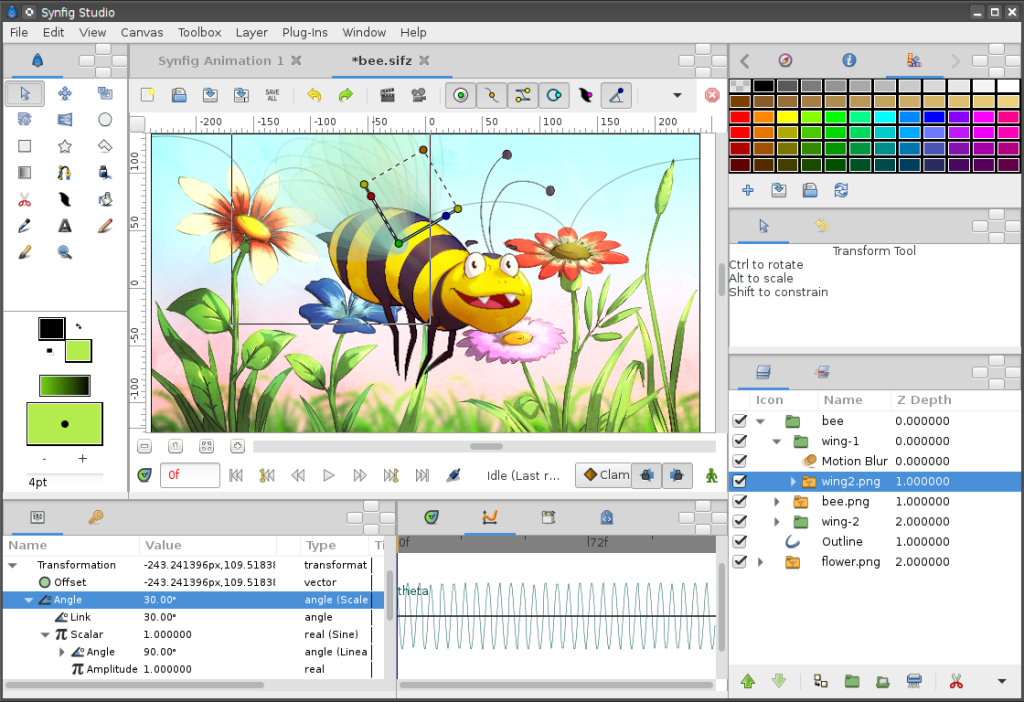 Synfig Studio 2D animation software workspace featuring vector character rigging and keyframe timeline.