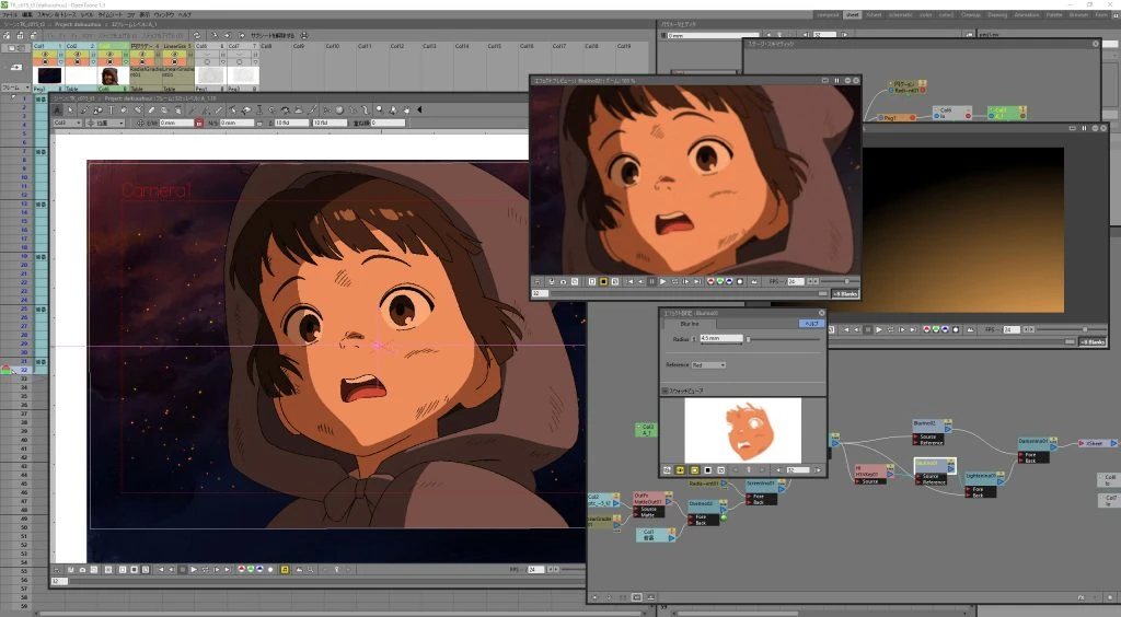 OpenToonz 2D animation software interface showing node-based compositing and animated character preview.