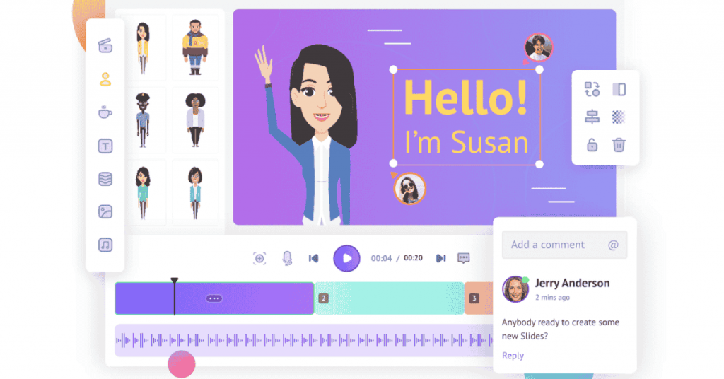 Animaker online 2D animation software dashboard with drag-and-drop character editor and timeline controls.