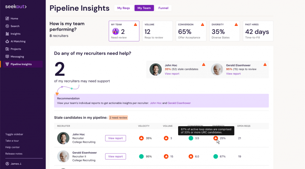 SeekOut AI recruiting software analytics dashboard showing talent pipeline insights and hiring metrics