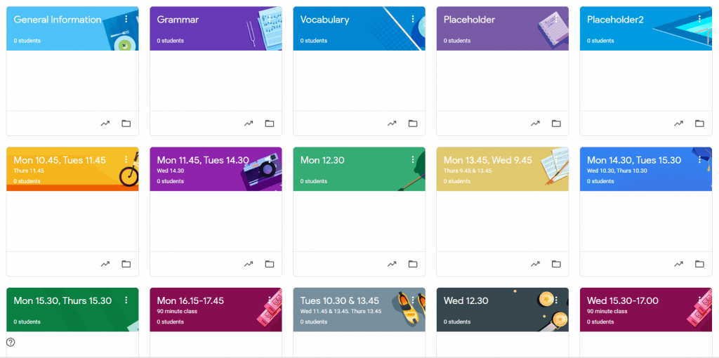 Google Classroom dashboard displaying class assignments, course cards, and student management interface