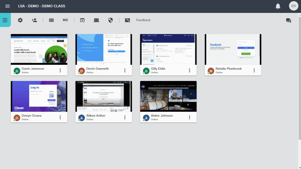 LanSchool classroom management software interface showing student screens and real-time classroom monitoring tools