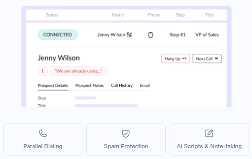 Nooks sales dialing software showing live call interface with AI scripts, spam protection, and parallel dialing