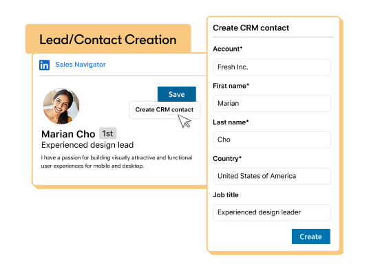LinkedIn Sales Navigator interface for creating CRM contact with lead details and account information