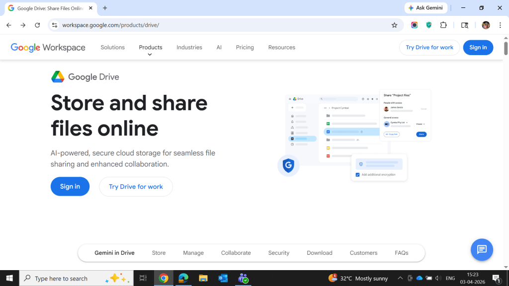 Google Drive interface displaying file storage, sharing options, and collaboration tools within Google Workspace