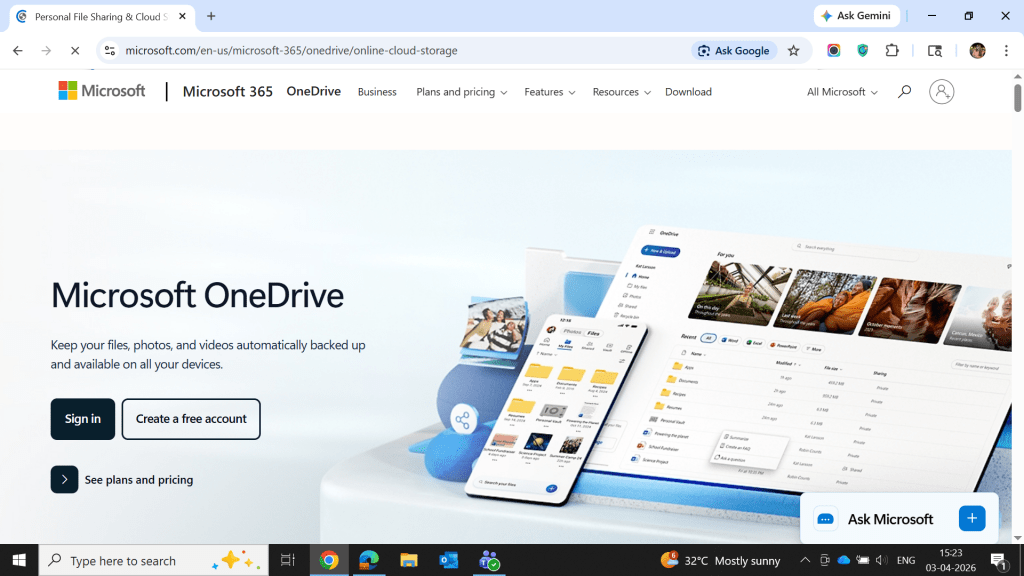 Microsoft OneDrive dashboard showing cloud storage, file organization, and cross-device file syncing features