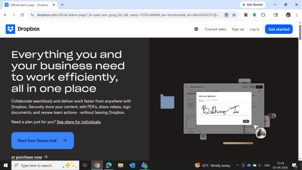 Dropbox Teams dashboard showing file collaboration, e-signature feature, and cloud storage interface for business users
