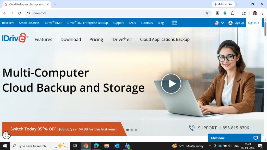 IDrive cloud backup software interface highlighting multi-device backup, storage features, and secure data protection