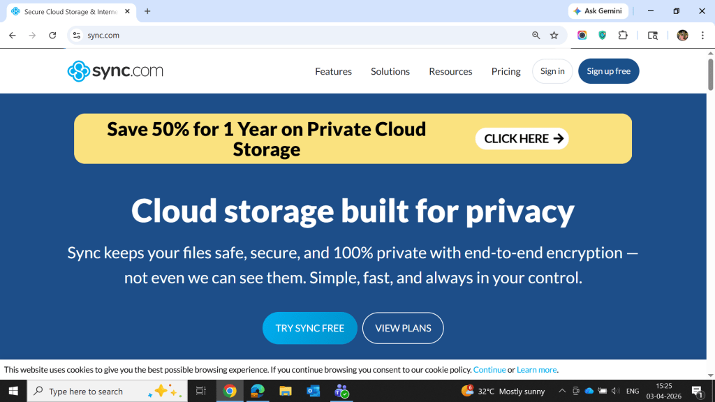 Sync.com cloud storage platform highlighting private file storage with end-to-end encryption and secure sharing