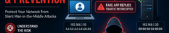 ARP spoofing cybersecurity illustration showing a hacker intercepting network traffic between connected devices with risk detection and prevention concepts.