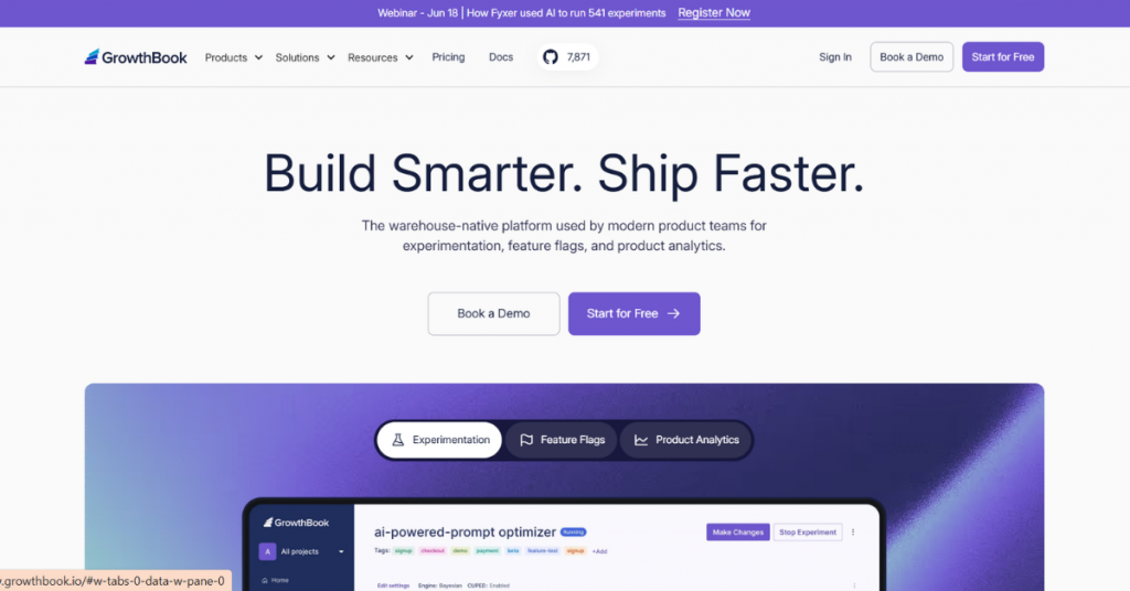 GrowthBook feature flag and experimentation platform dashboard showing product analytics, A/B testing capabilities, feature releases, and AI-powered experimentation tools for product teams.