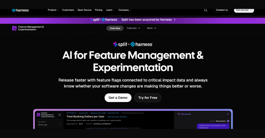 Split by Harness feature management and experimentation software interface displaying AI-powered feature flags, controlled rollouts, and software release testing dashboards.