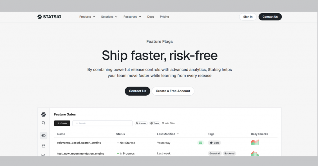 Statsig feature flag management platform showcasing release controls, feature gates, experimentation tools, and analytics for risk-free software deployments.