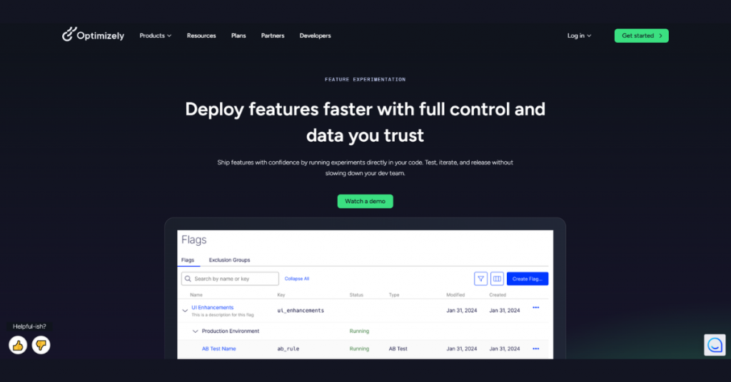 Optimizely feature experimentation platform featuring feature flag management, A/B testing controls, release monitoring, and deployment optimization tools.