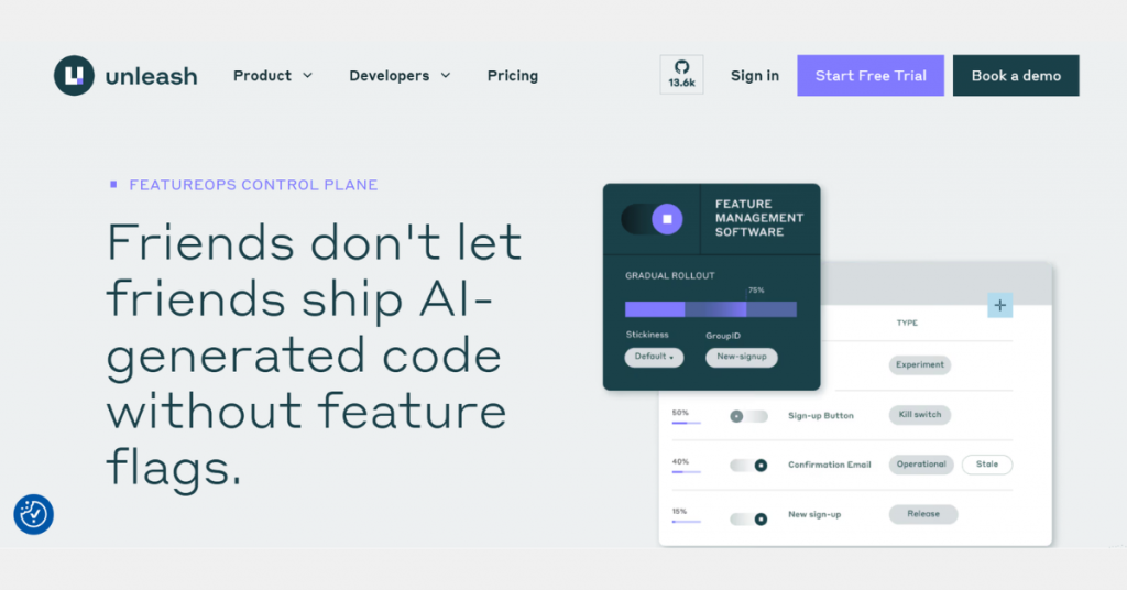 Unleash feature management software platform displaying feature flag controls, gradual rollout settings, user segmentation, and release management capabilities.