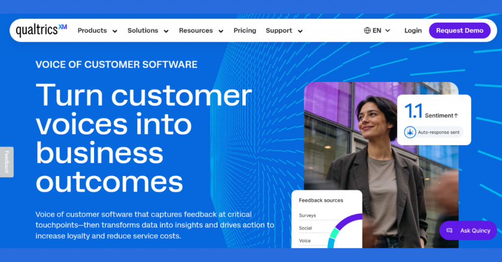 Qualtrics XM Voice of Customer software for collecting customer feedback, sentiment analysis, and business insights.