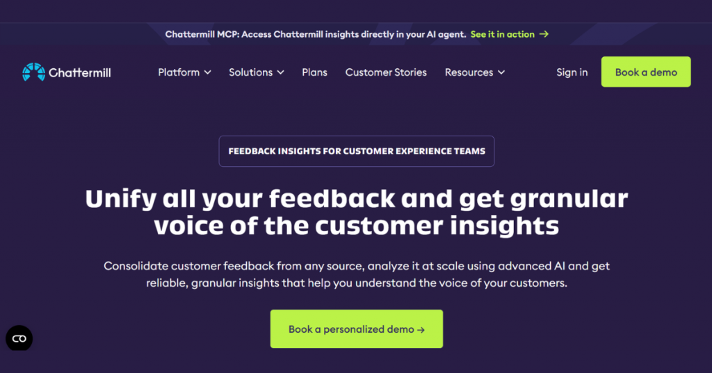 Chattermill Voice of Customer software dashboard for AI-powered customer feedback analysis and customer experience insights.