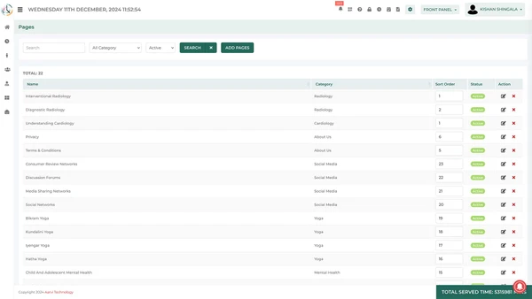 Pages Management Screen