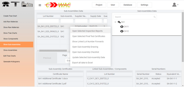 Showing all existing Sub-Assembly Lot Data feature