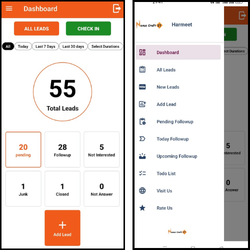 Key Features of Nexus Lead CRM Mobile App Interface