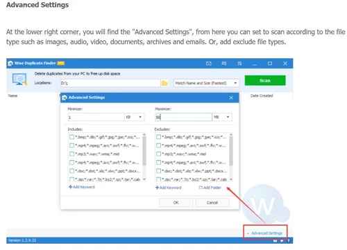 Wise duplicate finder pro advance settings