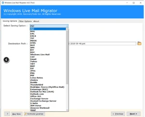 Windows Live Mail Migrator saving options