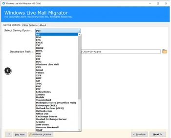 Windows Live Mail Migrator saving options