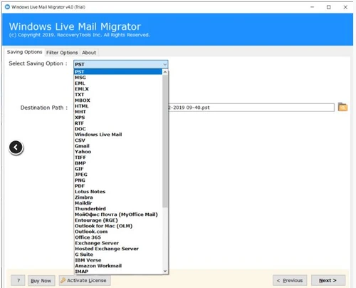 Windows Live Mail Migrator saving options