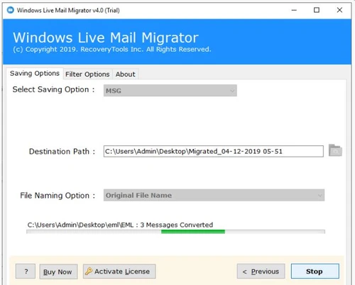 Windows Live Mail Migrator destination path