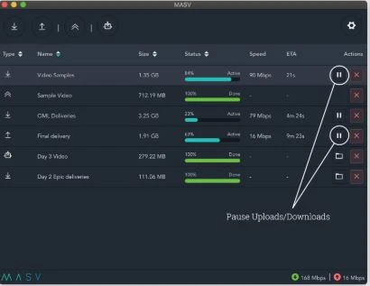 MASV pause uploads and downloads