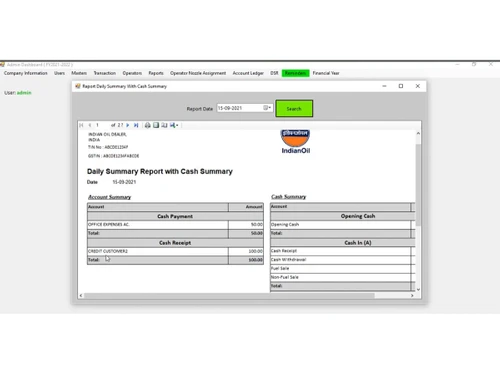 PetroGem Petrol Pump Management-Cash summary