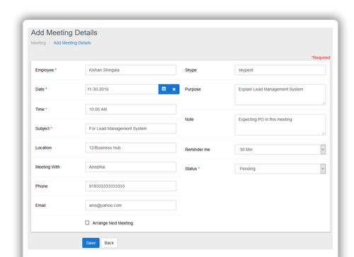 Aarvi Task Management System add meeting details