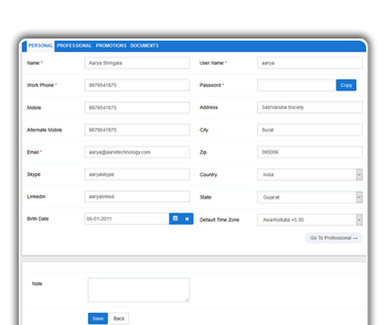 Aarvi Task Management System personal details