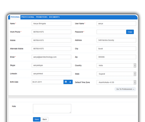 Aarvi Task Management System personal details